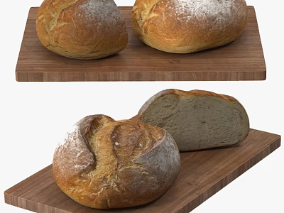 Artisan Freshly Baked Bread On Wooden Cutting Board With Whole And Sliced Loaves 3d model