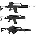 Three Black Assault Rifles Different Models With Magazines And Scope Attachments