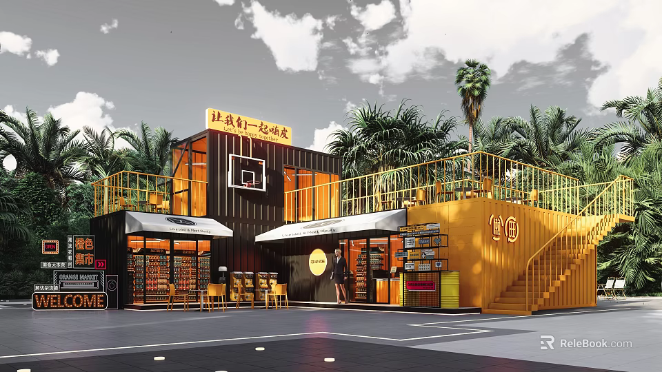 Shipping Container Building With Yellow Exterior Basketball Court And Palm Trees Outdoor Area 3d model 