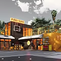 Shipping Container Building With Yellow Exterior Basketball Court And Palm Trees Outdoor Area