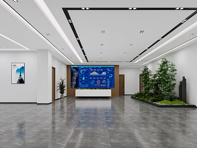 Spacious Modern Public Service Hall With Polished Marble Floor Large Smart Display And Indoor Greenery 3d model