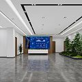 Spacious Modern Public Service Hall With Polished Marble Floor Large Smart Display And Indoor Greenery