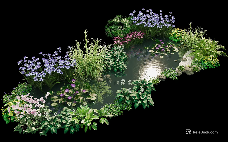Aquatic Plants in Pond with Green Foliage Purple Pink Flowers and Stones 3d model 