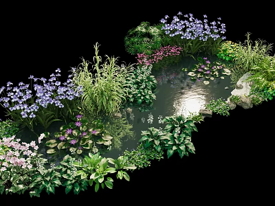 Aquatic Plants in Pond with Green Foliage Purple Pink Flowers and Stones 3d model
