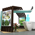 Greenland Exhibition Booth Design With Roof Structure Reception Desk And Plants Standee