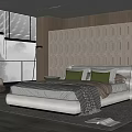 Modern Bedroom Interior Featuring Geometric Wall Design Large Window With Blinds And Accent Chair