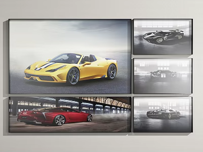 Colorful Sports Cars Displayed In Multiple Picture Frames On Wall 3d model