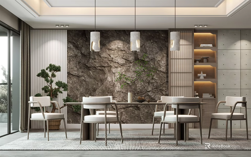 Modern Restaurant Interior With Rocky Stone Wall Pendant Lights Dining Table Chairs And Green Plant 3d model 