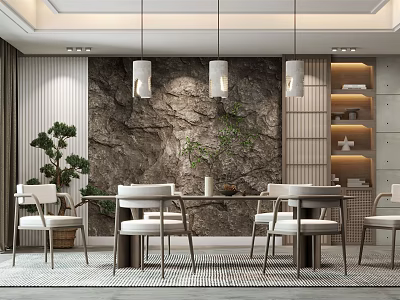 Modern Restaurant Interior With Rocky Stone Wall Pendant Lights Dining Table Chairs And Green Plant 3d model