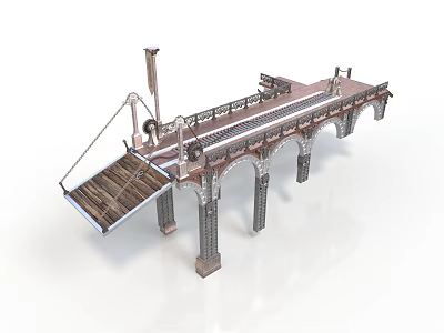 Industrial Bridge Structure with Arched Piers Deck Railings and Mechanical Tower 3d model