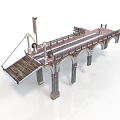 Industrial Bridge Structure with Arched Piers Deck Railings and Mechanical Tower