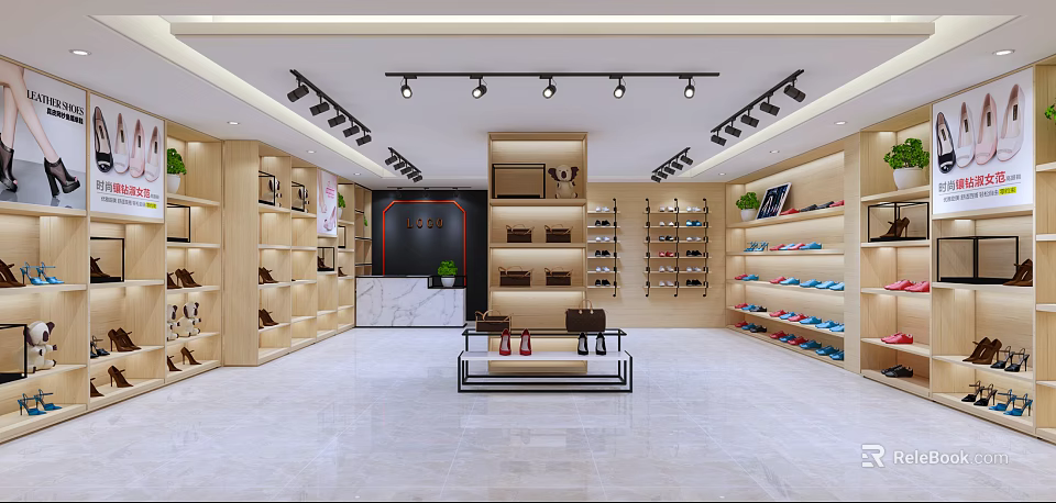 Modern Shoe and Bag Store Interior with Shelves Counter and Lighting 3d model 