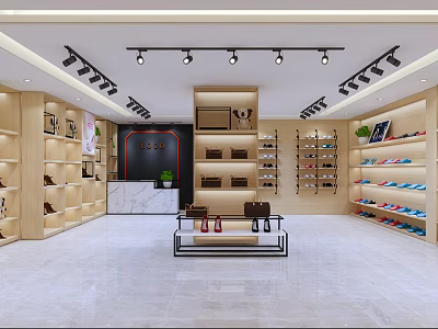 Modern Shoe and Bag Store Interior with Shelves Counter and Lighting 3d model