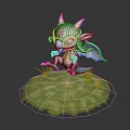Cute Horned Dragon With Goggles Blue Body Red Wings On Green Grass And Flowers