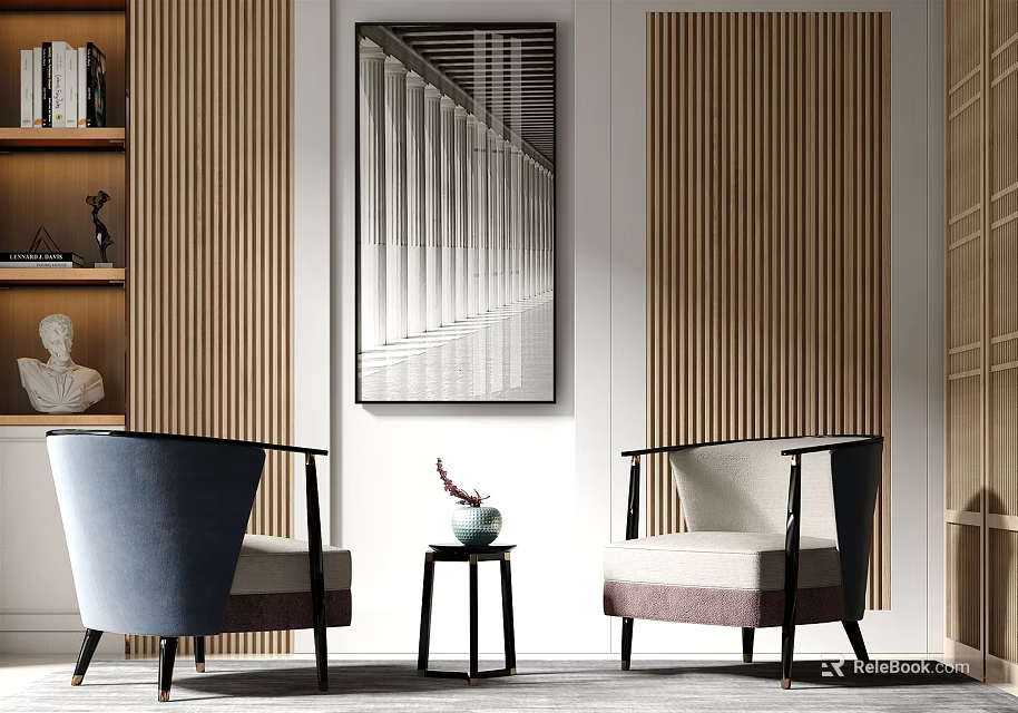 Elegant Modern Leisure Sofa Set With Armchairs Wooden Backdrop And Decorative Painting 3d model 