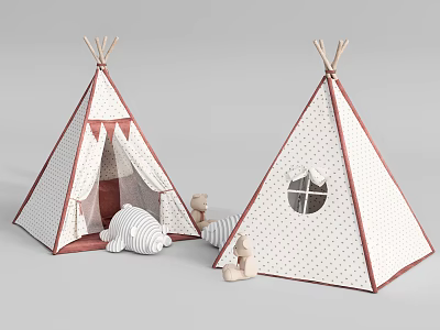 White Kids Teepee Tents with Red Trim Windows and Stuffed Bear Toys 3d model