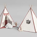 White Kids Teepee Tents with Red Trim Windows and Stuffed Bear Toys
