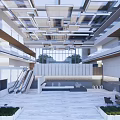 Modern Hotel Lobby Interior With Glass Windows Escalators Marble Flooring And Ceiling Design