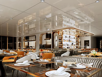 Elegant Modern Restaurant Interior With Set Dining Tables Chairs Table Settings And Bar Counter 3d model