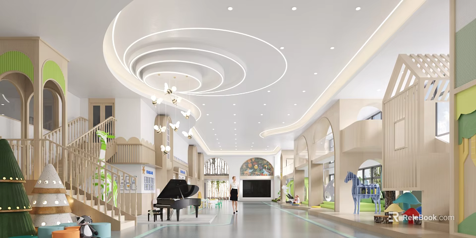 Spacious Kindergarten Hall With Piano Staircase And Decorations 3d model 
