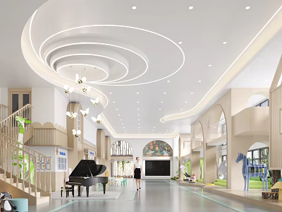 Spacious Kindergarten Hall With Piano Staircase And Decorations 3d model