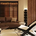 Modern Living And Dining Room Interior With Brown Sofa Woven Partition And Round Ceiling Fan