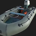 Gray Inflatable Motor Boat As Water Transport With Seats And Orange Cushions