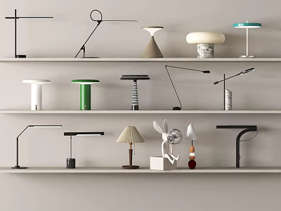 Various Modern Table Lamps For Home Decor With Unique Designs On Shelves 3d model