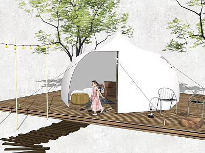 White Dome Tent on Wooden Outdoor Deck with String Lights Trees and Chairs for Cozy Camping 3d model