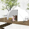 White Dome Tent on Wooden Outdoor Deck with String Lights Trees and Chairs for Cozy Camping