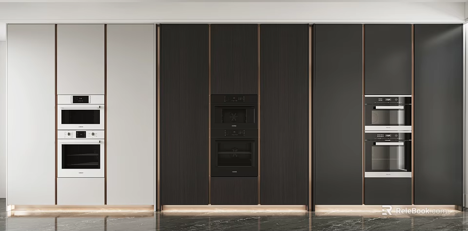 Modern Open Concept Kitchen Interior With Built-in Kitchen Appliances And Dark Cabinets 3d model 