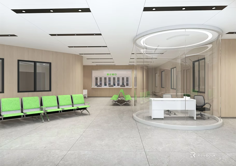 Modern Waiting Area Interior With Green Seats Wooden Walls And Glass Reception Desk 3d model 
