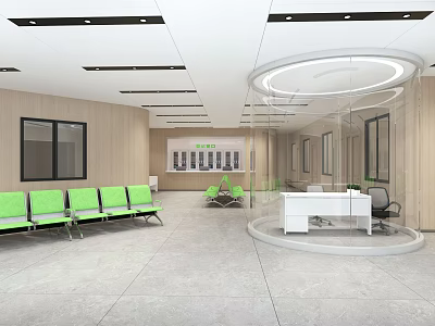 Modern Waiting Area Interior With Green Seats Wooden Walls And Glass Reception Desk 3d model