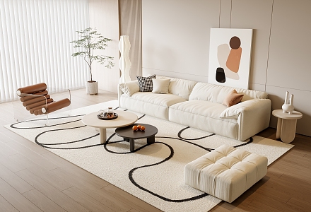 Modern Cream Style Sofa Coffee Table Combination Leisure Chair Hanging Picture Green Plant Floor Lamp Carpet Sofa Stool 3d model