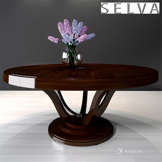 Round Wooden Dining Table With Transparent Vase And Purple Pink Flowers 3d model 