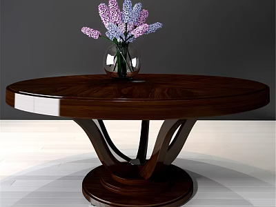 Round Wooden Dining Table With Transparent Vase And Purple Pink Flowers 3d model
