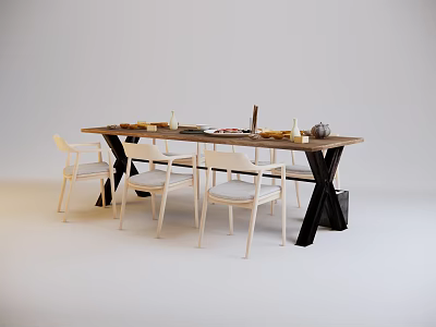 Modern Minimalist Wooden Dining Table Set with Light Upholstered Chairs and Tableware 3d model