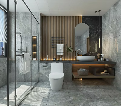 Modern Bathroom Interior With Grey Marble Walls Glass Shower Wall Mounted Toilet And Wooden Accents 3d model