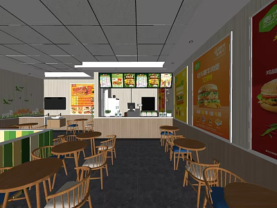Casual Restaurant Interior With Wooden Tables Chairs Counter And Menu Posters 3d model
