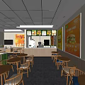 Casual Restaurant Interior With Wooden Tables Chairs Counter And Menu Posters