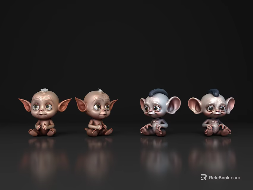 Four Cute Small Elf Like Characters Sitting On Shiny Black Surface 3d model 