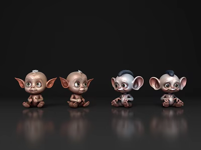 Four Cute Small Elf Like Characters Sitting On Shiny Black Surface 3d model