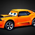 Orange Cartoon Sports Car with Big Blue Eyes Black Hood and Stylish Racing Design