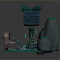 Small House Scene With Blue Roof Eave Figure Green Decorations Glowing Plants Stones And Lanterns
