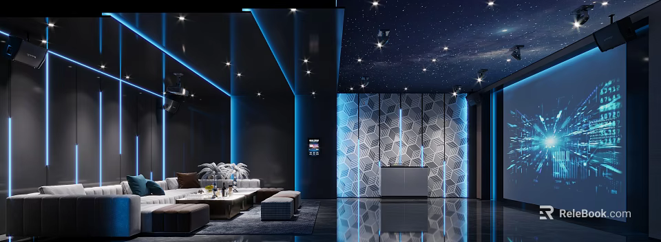 Home Theater Interior Design With Starry Ceiling Blue Lighting Hexagonal Wall And Comfortable Sofa 3d model