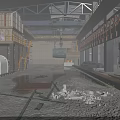 Industrial Factory Spacious Interior With Skylight Lighting Waterlogged Ground Large Machinery And Distant Hot Area