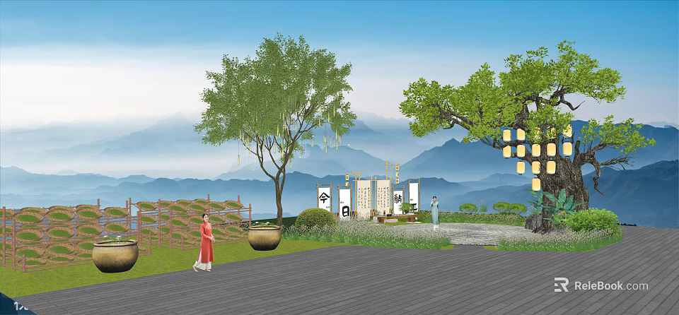 Rural Landscape With Distant Mountains Green Trees Traditional Lanterns And Stone Path 3d model 