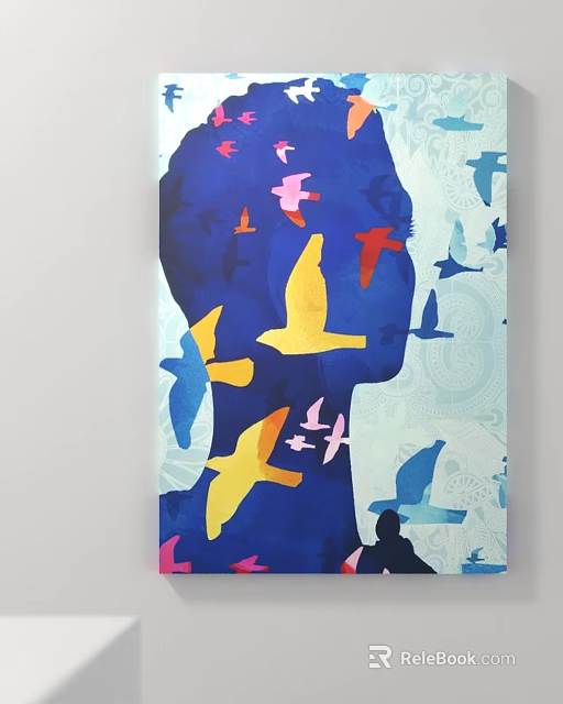 Colorful Birds Flying Around Human Side Profile On Blue Artwork Background 3d model 