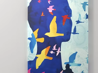 Colorful Birds Flying Around Human Side Profile On Blue Artwork Background 3d model