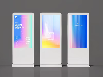 Three Modern Standing Digital Billboards With Colorful Gradient Screens For Advertising 3d model